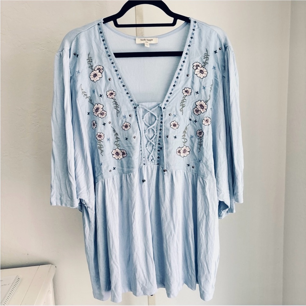 Haute Hippie Sky Blue Embroidered Floral Lace Front Blouse, Size 2X